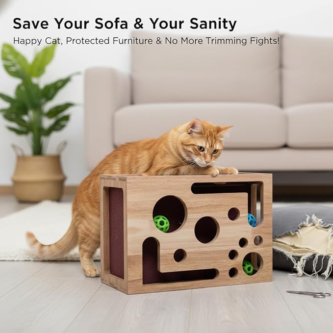 Cat Scratch Puzzle Enrichment Box-Wooden Sandpaper Surface for Indoor Cats