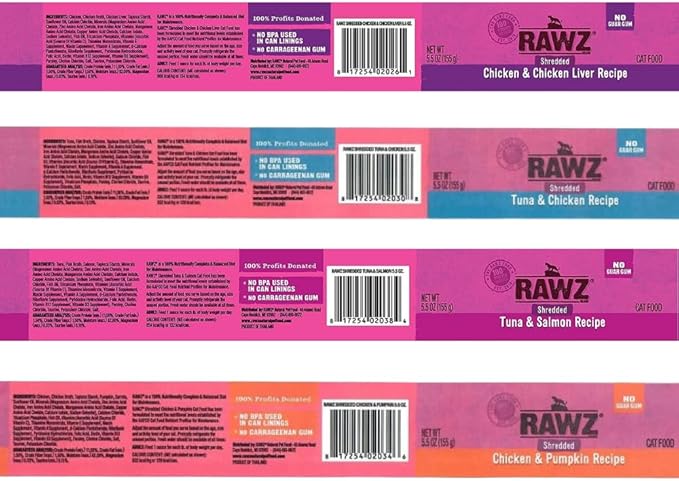 Rawz Natural Premium Canned Cat Wet Food Shredded -12 Pack Cans Variety Bundle -4 Flavors - (Tuna & Salmon, Chicken Liver, Tuna & Chicken, Chicken& Pumpkin) (5.5 oz Can Lid)