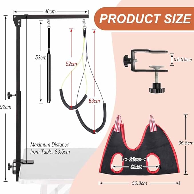 Adjustable Dog Grooming Table Arm, Dog Grooming Arm with Clamp with Two No Sit Haunch Holder & Hammock Harness, Foldable Pet Grooming Supplies,for Small Medium Dogs