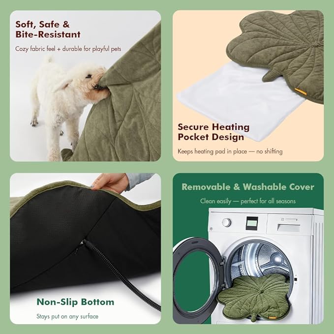 Extra Large Dog Heating Pad Waterproof Electric Heated Pet Beds for Indoor Outdoor, Adjustable Temperature, Washable Green Clover Shaped Cat Heating Pad Non Slip Bottom(47"X36")