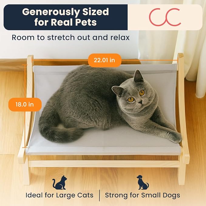 CallieCo Wooden Cat Hammock Bed, Modern Elevated Pet Lounger with Premium Wooden Frame & Breathable Fabric, Stylish Indoor & Outdoor Cat Bed for Cats & Small Dogs - Gray