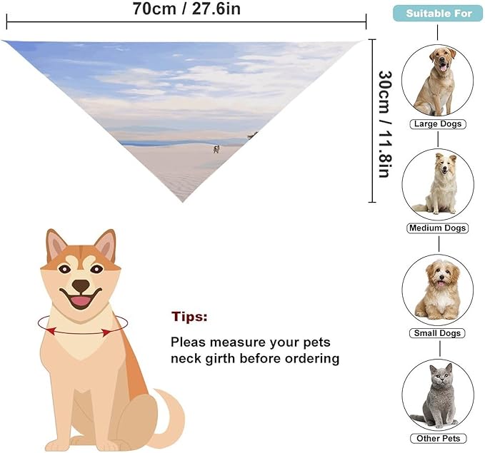 Dog Bandana Spring Pet Scarf Adjustable Triangle Romantic White Sand Landscape Printing Dog Bib Washable Polyester Puppy Bandana for Small Medium Large Dogs Cat Birthday Party Supplies