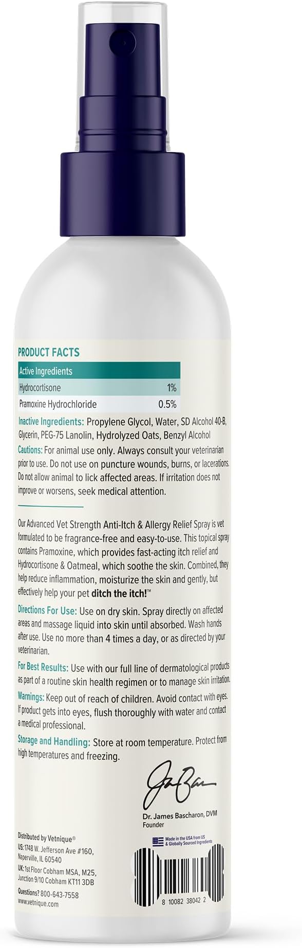 Vetnique Dermabliss Anti Itch Spray for Dogs & Cats with Hydrocortisone for Allergies and Immediate Dog Itching Skin Relief - Fragrance Free with Soothing Oat Extract (8oz)