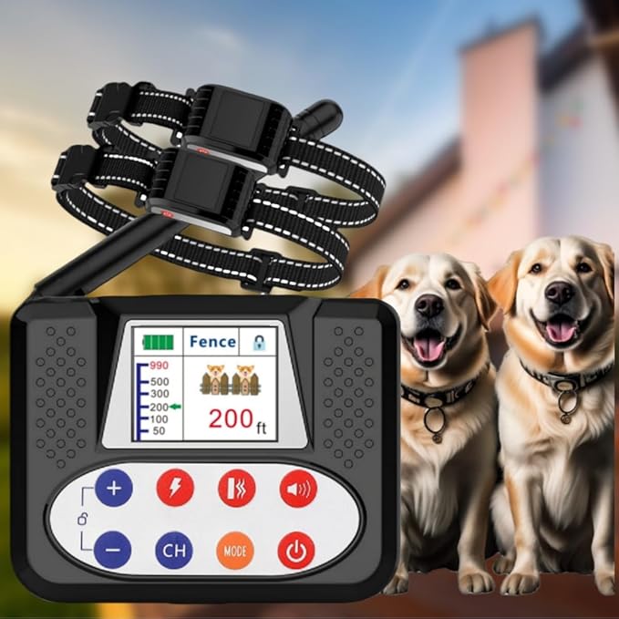 Wireless Dog Fence, Electric Fence System with Big LCD Color Screen, Portable Wireless Pet Fence with Remote Training collar, Dog Perimeter Collar, Adjustable for Small Medium Big Dogs (For 2 Dogs)