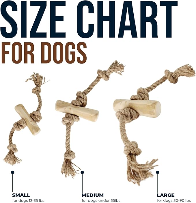 Coffee Wood Chew Toy for Dogs, Size Small, Made of Real Coffee Wood and Hemp Rope - 100% Natural Puppy Toys, Stress Relief, Small Dog Teething Toys