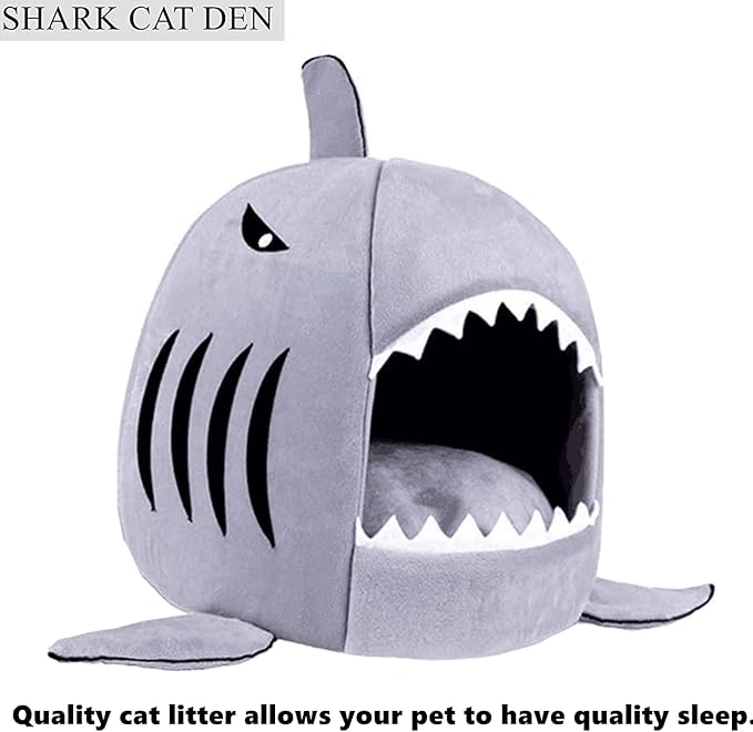 Cat Litter Hot Cat Mat Shark-Shaped House Warm Kennel Kitten Bed One Mat Two Usage Shark Bed for Small Cats Dog Cave Cozy Bed Removable （Light Grey）