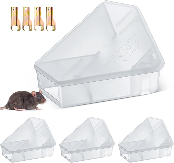 Qualirey Mice Station with Key Triangle Mouse Station Reusable Rodent Trap Box, Keeps Children and Pets Safe Indoor & Outdoor Suitable for Small Mice(Translucent,4 Pcs)