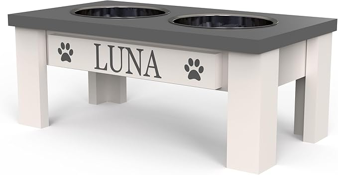 GTW Classic Elevated Dog Feeder – Wooden Elevated Stand with Stainless Steel Bowls, Anti-Slip Farmhouse Design (Small, Grey)