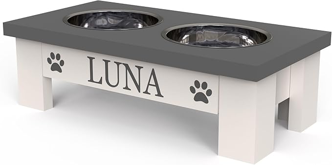 GTW Classic Elevated Dog Feeder – Wooden Elevated Stand with Stainless Steel Bowls, Anti-Slip Farmhouse Design (X-Small, Grey)