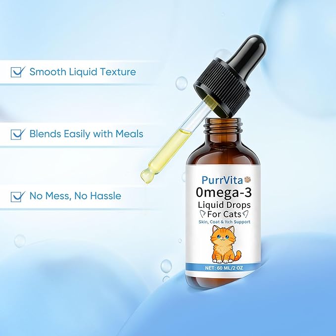 PurrVita Omega-3 Liquid Drops for Cats – Supports Healthy Skin & Coat, Natural Fish Oil Supplement for Feline Wellness 60ml (1)