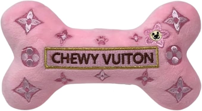 Dog Diggin Designs Chewy Vuiton Pink Blossom Plush Dog Toy Bone | Luxury-Inspired Parody Designer Bone with Squeaker, Soft Plush Chew & Play Dog Toy – Prêt-à-Porter Play!