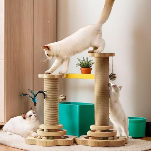 Cat Scratching Post, Interactive Feather Toy and 2 Sisal Hanging Balls for Indoor Kittens, Adult Cats- 18'' Height, 11'' Base, Natural Sisal Fiber & Sturdy Design.