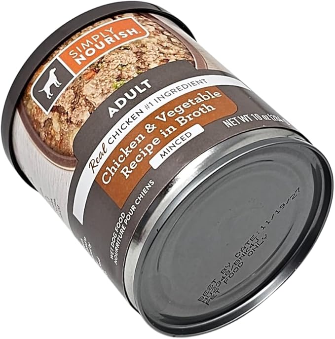 SIMPLY NOURISH Adult Chicken & Vegetable Recipe in Broth Minced. Four Ten Ounce Cans and Biggs Dog Waste Bags.