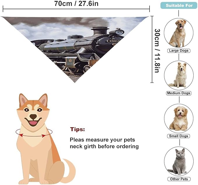 Dog Bandana Spring Pet Scarf Adjustable Triangle Steam Locomotive Train Printing Dog Bib Washable Polyester Puppy Bandana for Small Medium Large Dogs Cat Birthday Party Supplies