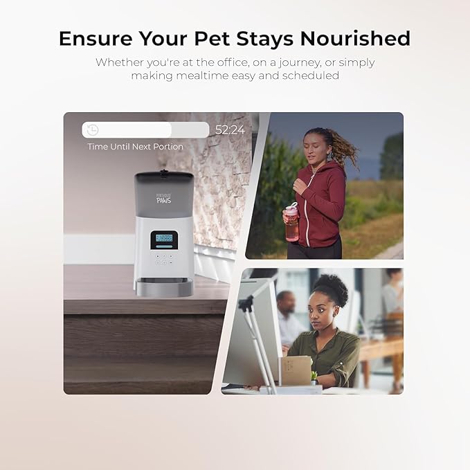 Penthouse Paws Automatic Cat Feeder 6L, Programmable Dry Food Dispenser with LCD Screen, Stainless Steel Bowl, Anti-Jam Design, Voice Recording, Battery Backup, Up to 15 Meals for Cat & Dog, White