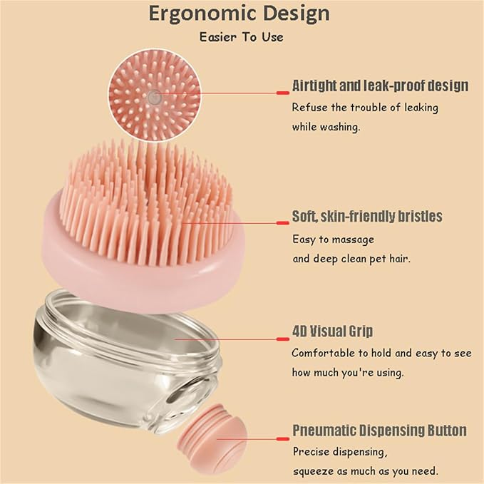 Dog Cat Bath Brush, Pet Shower Massage Brush with Soap Shampoo Dispenser Pet Grooming Massage Rubber Multifunctional Pet Beauty Cleaning Brush Soft Bristle for Long Short Haired Dog Cat Shower, Pink