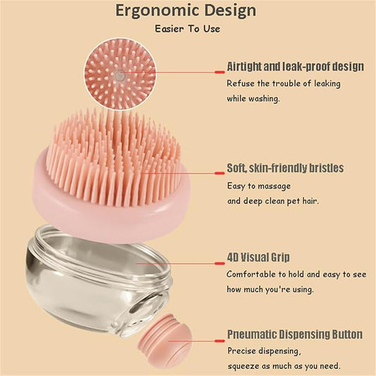 Dog Cat Bath Brush, Pet Shower Massage Brush with Soap Shampoo Dispenser Pet Grooming Massage Rubber Multifunctional Pet Beauty Cleaning Brush Soft Bristle for Long Short Haired Dog Cat Shower, Pink