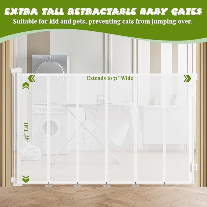 47" Extra Tall Retractable Baby Gates, Extends to 71" Wide, ExtraTall Retractable Safety Gate with Reinforced Strips, Retractable Tall Dog Gates for Doorways Mesh Baby Pet Gates Indoor, White