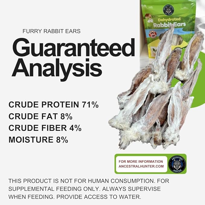 Dehydrated Rabbit Ears for Dogs & Cats - - USA Sourced Whole Ears with Fur for Dogs - Rawhide Alternative - 100% Single Ingredient Crunchy Furry Rabbit Ears (6 Count)