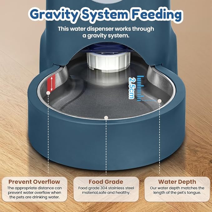 1 Gallon Automatic Cat Feeder Gravity Stainless Steel Water Dispenser Dog Feeder for Small Medium Puppy Kitten Pets Water Feeding Bowls, Navy