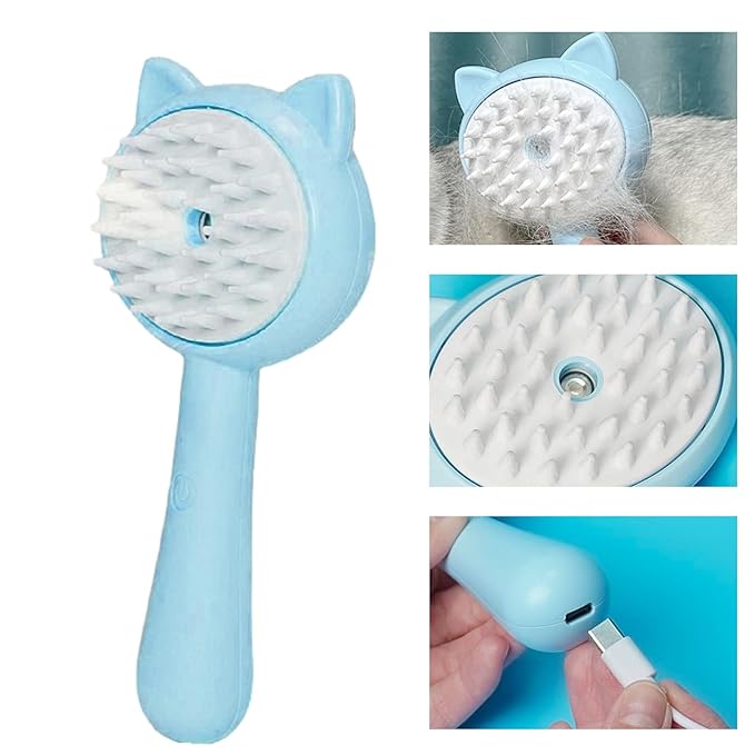 Steamy Cat Brush, 2 in 1 Electric Grooming Brush with Steam, Cat Brushes For Indoor Cats, Multifunctional Pet Hair Cleaning Brush, Rechargeable Massage Grooming Comb for Cat, Kitten, Puppies (A)