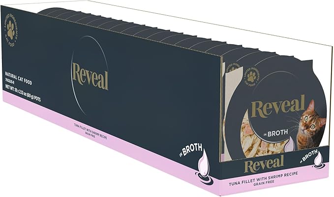 Reveal Natural Wet Cat Food, Limited and Natural Ingredients, Grain Free, High Protein with No Artificial Additives, Tuna Fillet with Shrimp in Broth (18 x 2.12 oz Easy Peel Pots)