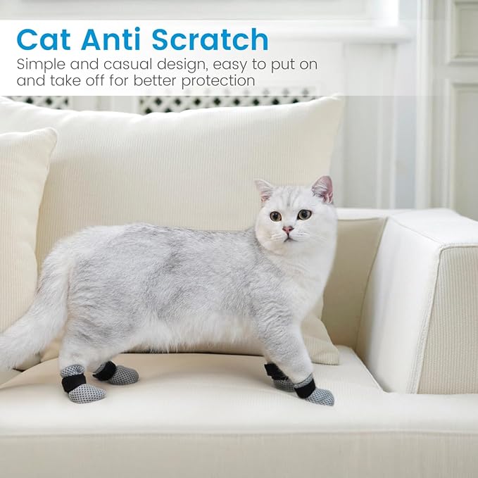 4Pcs Cat Boots - Cats Nail Caps Mittens Paw Covers Shoes for Bathing Shaving Checking Nail Cutting Pet Grooming Socks Anti-Scratch Adjustable Pet Claw Protector Foot Sleeves - Grey M