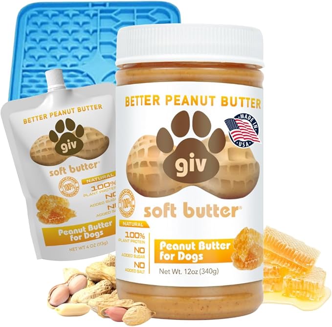 Dog Peanut Butter - All Natural Human Grade - 2 Ingredients (Peanuts & Honey) - Perfect for Pill Pockets, Training Treats and Healthy Food, 12oz Jar, 4oz Pouch & Lick Mat