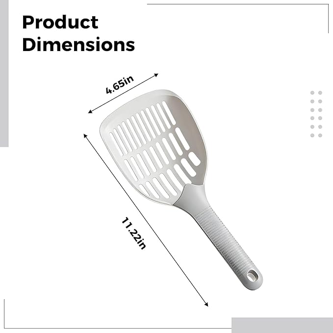 Large Cat Litter Scooper with Long Handle, 4.6 in Scoop, Sifting Design, Solid One-Piece, Grey Scooper with Hook
