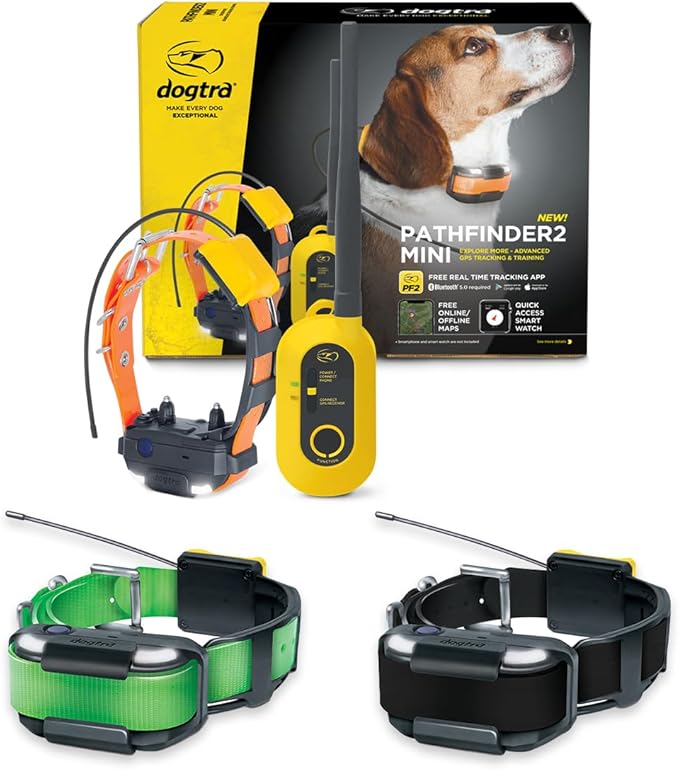 Dogtra Pathfinder2 Mini GPS Tracker eCollar + 2 Add-on Receivers (Green & Black) | 4 Mile, LED, Waterproof, Free App, No Fees, Smartwatch Control, Satellite Tracking, Multi Dogs, Smartphone Required
