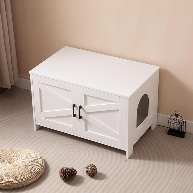 Cat Litter Box Enclosure with Barn Door Wooden Cat Washroom Furniture Litter Box Furniture Hidden End Side Table Pet House Multi Functional Double Cabinet Doors for Bedroom Living White