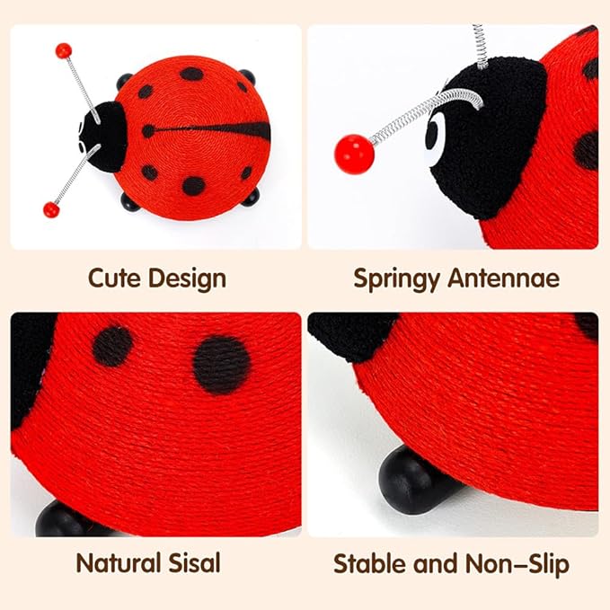 Sisal Cat Scratching Post, Durable Small Cat Scratcher for Indoor Cats, Anti-Scratch Furniture Protector with Cute Animal Shapes, Scratch Toy for Kittens, Non Falling Toy with Ball (Ladybug)