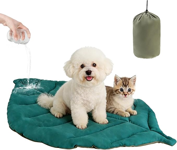 Outdoor Dog Travel Bed, Waterproof Reversible Leaf Mat for Small Medium Dogs Cats Camping, Road Trip, Portable Durable Pet Bed with Carry Bag, Washable Foldable Puppy Mat Indoor, 26x43in