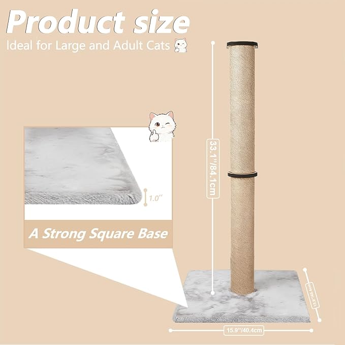 33" Tall Cat Scratching Posts for Indoor Cats, Cat Scratch Post with Nature Sisal, Large Cat Scratcher with Plush Pad, Cute Vertical Cat Post Claw Scratcher Post Tree Covered for Cats at All Ages