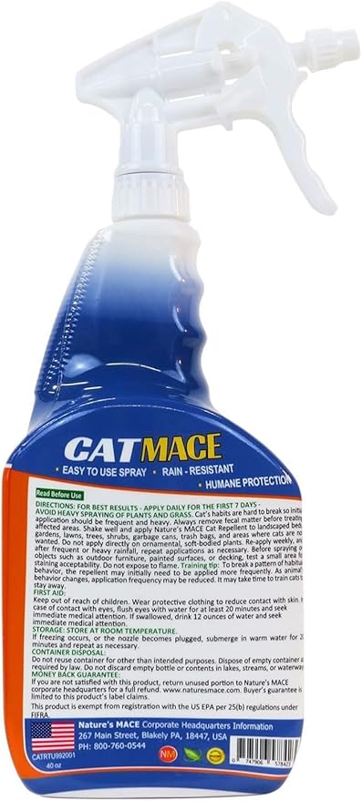 Nature's Mace Cat Mace Cat Repellent, Outdoor & Indoor, All Season Training Tool, Chewing, Digging, Marking, Keep Cats Off of Lawn, Garden, Pee Deterrent, Pets, Plants, 40 oz Spray & Concentrate