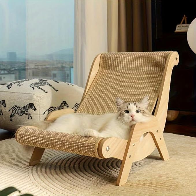 Cat Hammock and Scratcher 2-in-1, Wooden Frame with Jute Rope, Cream Color, 53x32x31cm, for Indoor Cats Under 6kg