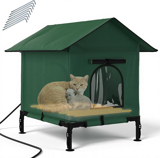Large Heated Outdoor Cat House, 3-in-1 Weatherproof Insulated Winter Cat Houses 100% Weatherproof, Safe Escape Door Cat Shelter with Heater for Feral Barn Cat Kitty-25.5" L*16.5" W*18.9" H