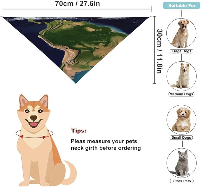 Dog Bandana Spring Pet Scarf Adjustable Triangle South America Satellite Image Printing Dog Bib Washable Polyester Puppy Bandana for Small Medium Large Dogs Cat Birthday Party Supplies