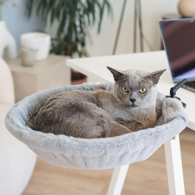 Cat Desk Bed – 180° Rotating & Adjustable Cat Hammock, 2 Washable Covers, Supports 40 lbs, Non-Slip Clamp, Soft Faux Fur, Space-Saving Design for Home Office, Remote Workers, Gamers