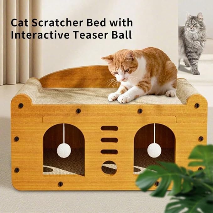 Multi-Function Cat Scratcher House Box,3-in-1 Scratch Pad and Soft Bed & Play Cave with Toys, Durable Build & Ideal for Cats/Kitty (Yellow,MD-DOOR1)