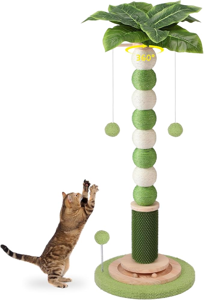 Cat Scratching Post,41'' Tall Cat Tree 3.8'' Diameter Sisal Rope Scratching Posts for Indoor Cats Adults,Cat Scratcher Ball with 360° Rotating Hangling Ball,Wood Interactive Ball Toy for Cats Kittens