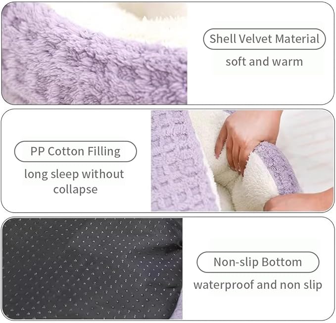 Plush Cat Bed Hooded Semi Enclosed Shell Shaped Pet Nest Cozy Warming Anti-Slip Small Dog Bed for Puppy and Kitten (Purple, Medium)