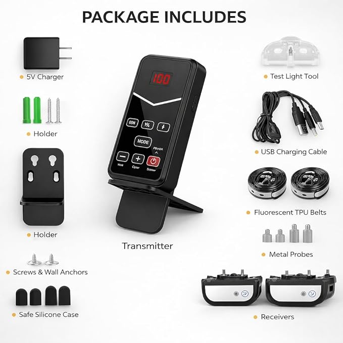 Wireless Dog Fence System for 2 Dogs, Electric Dog Fence with LCD Screen, Adjustable Warning Strength, Range 50-999ft, Rechargeable Wireless Pet Fence, Dog Perimeter Collar