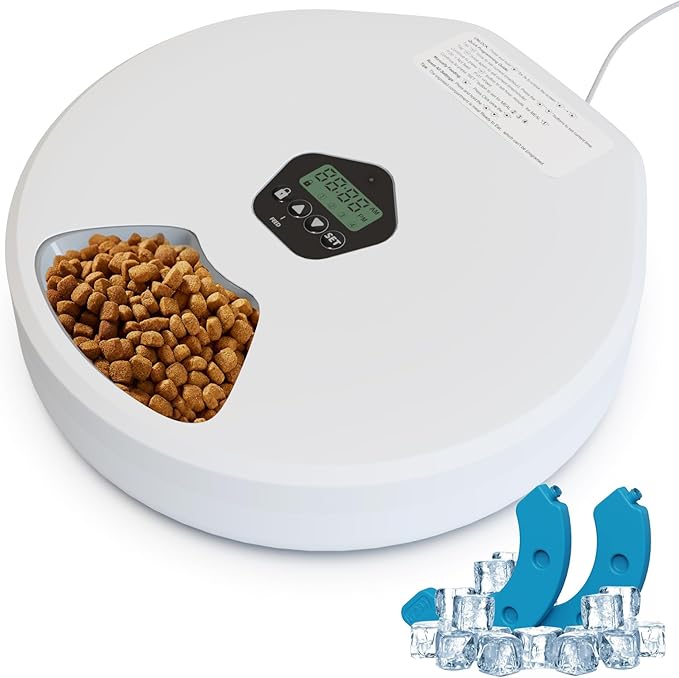 Automatic Cat Feeder,Dry and Wet Cat Food Dispenser,5 Meal Timed Programmable Pet Feeder,2 Ice Packs,Dual-Power Timed Auto Kitten & Small Dog Food Dispenser,Removable & Easy to Clean