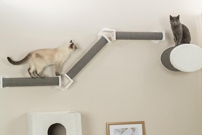 Trixie Cat Wall Furniture Set 2 - Cat Wall Scratcher, Climbing Shelves - 3 Sisal Rope Scratching Posts - Elevated Shelf - Gray/White
