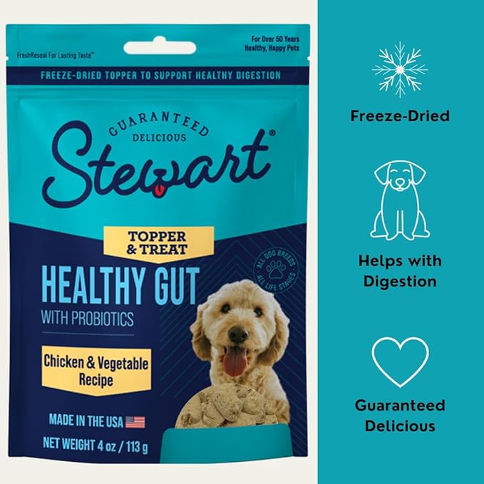 Stewart Freeze Dried Dog Food Topper, Healthy Gut, Chicken and Vegetable Recipe, 4 Ounce Pouch, with Live Cultures for Enhanced Digestion