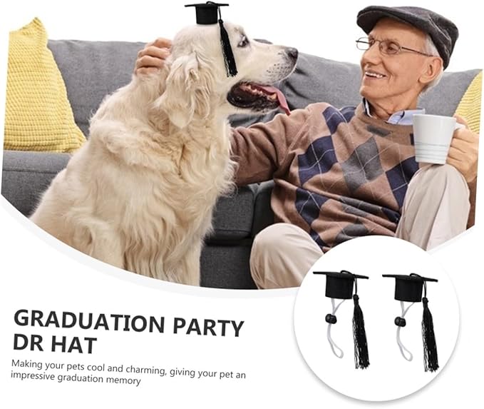 SHINEOFI 2pcs Adjustable Black Tassel Doctoral Caps Elastic Graduation Hat for Dogs, Creative Pet Party Supply and Decorative Graduation Costume Accessories