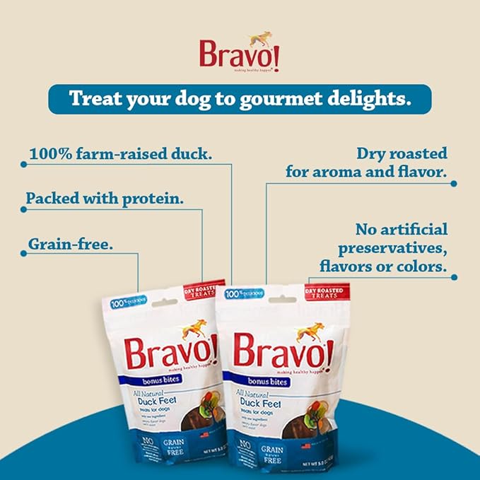 Bravo! Bonus Bites Single Ingredient Dry Roasted Dog Chews, Duck Feet, 5 Ounce, High Protein, Grain Free, Gluten Free