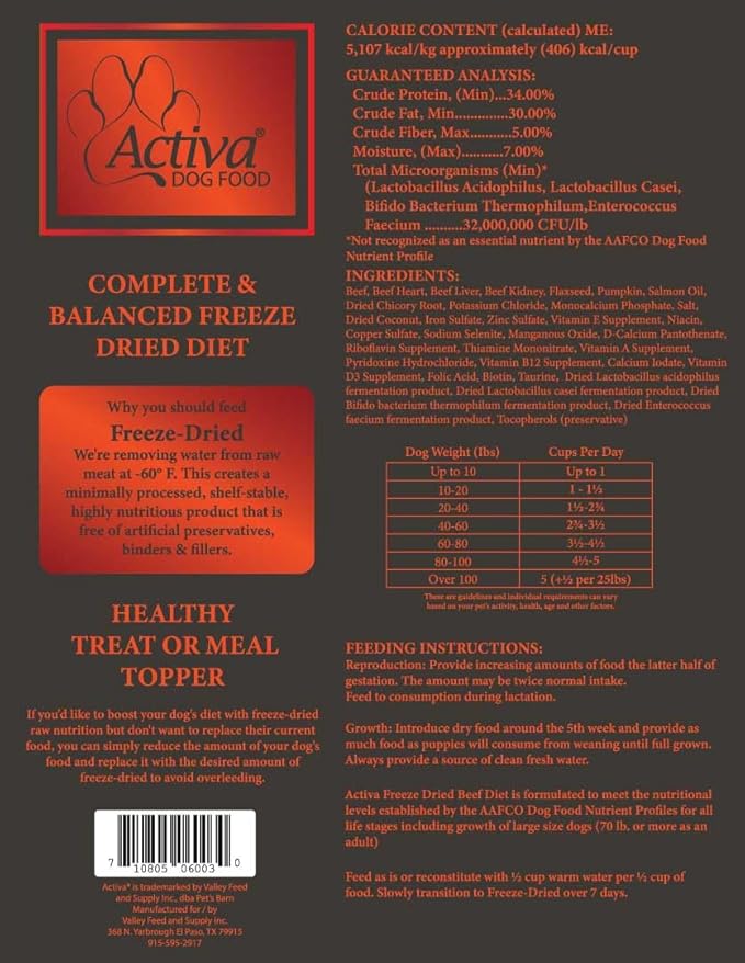Activa Complete & Balanced Freeze Dried Dog Food, Healthy Treat or Meal Topper, Made in USA (Beef)