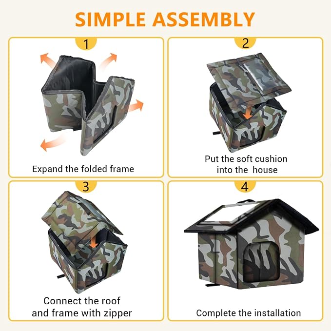 Cat House for Outdoor Cats, Weatherproof Feral Cat House with Mat and Doors, Easy to Put Together, Collapsible Warm Pet Nest Kitty Shelter for Winter, Never Blow Away